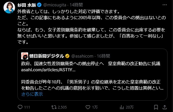 杉田水脈氏、国連女性差別撤廃委員会への反発を表明