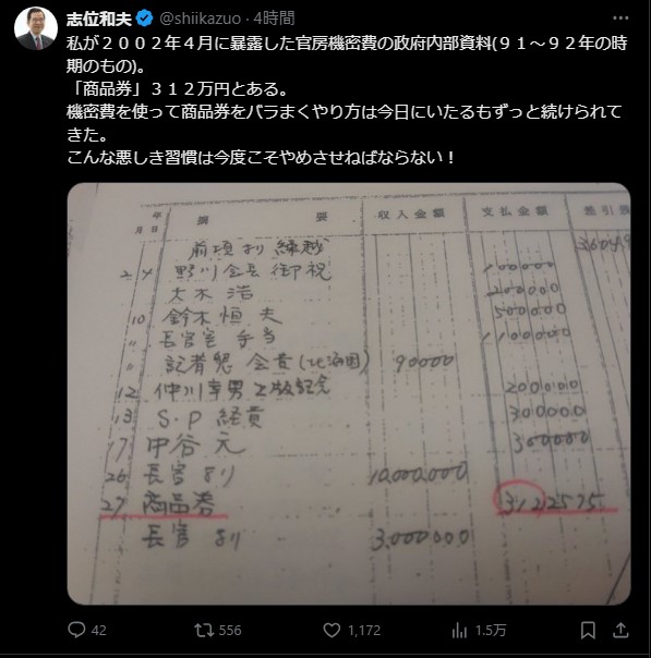 志位和夫氏、官房機密費の「商品券」支出問題を再提起　悪しき習慣の根絶を訴え