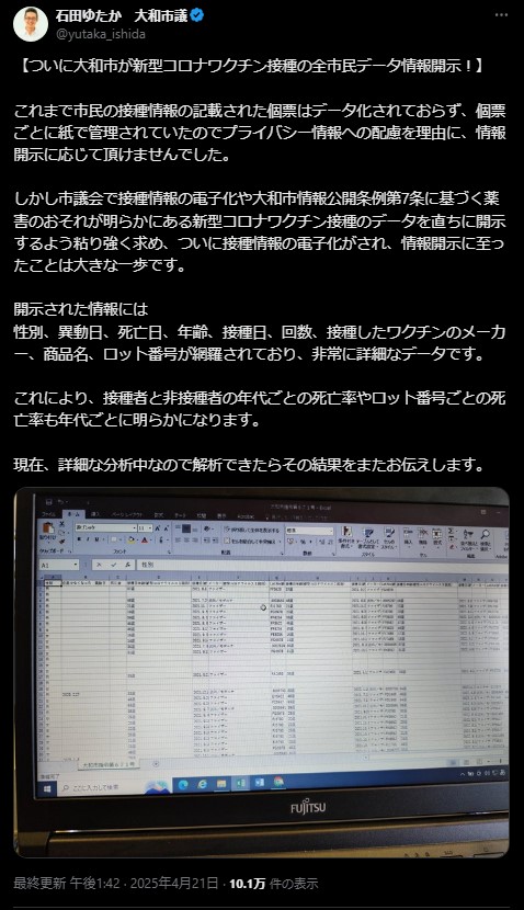 「薬害の疑い否定できず」石田ゆたか市議、大和市のワクチン接種データ開示を実現